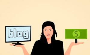 A person holding a monitor (blog written on screen) in one hand and a banknote in another