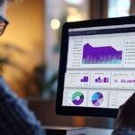 Person analyzing financial charts and graphs on a large computer screen in a dimly lit office, displaying various data visualizations including bar graphs, pie charts, and trend lines.