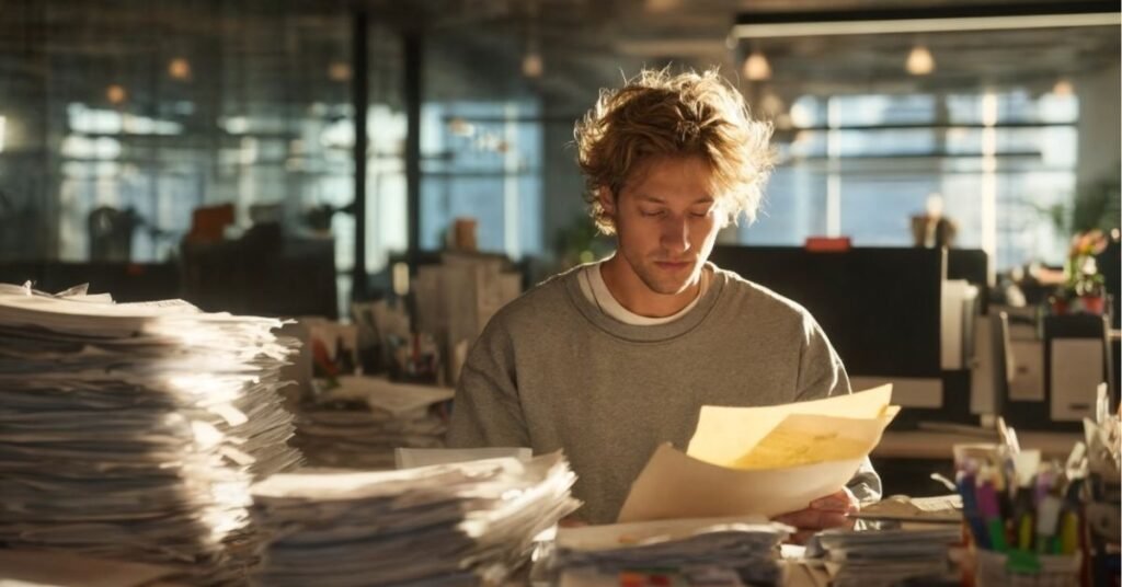 Young man in a casual sweater reviewing paperwork at a cluttered office desk filled with large stacks of documents, under warm lighting in a modern office space.