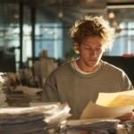 Young man in a casual sweater reviewing paperwork at a cluttered office desk filled with large stacks of documents, under warm lighting in a modern office space.