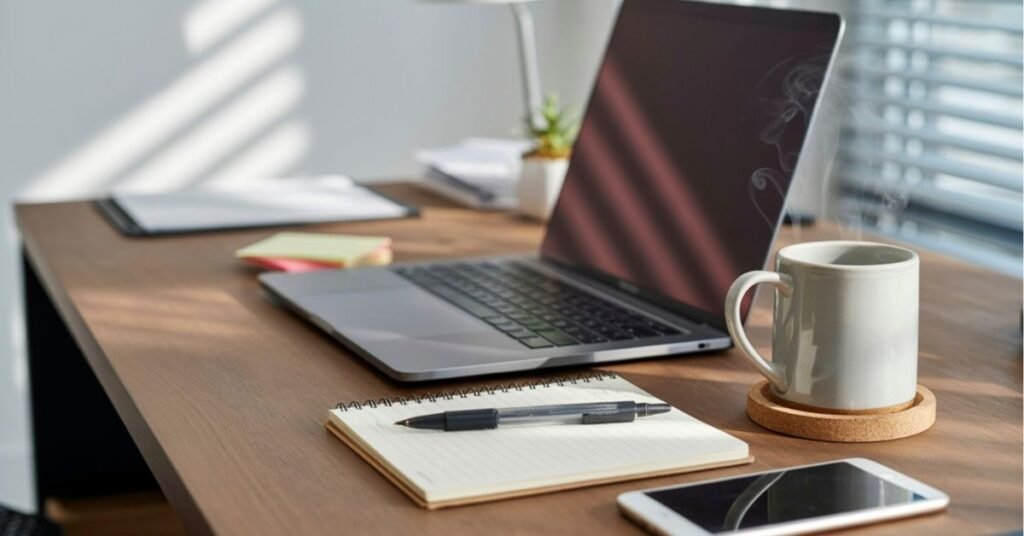 Modern home office desk with an open laptop, a notepad and pen, a smartphone, and a steaming mug of coffee, with sunlight streaming through window blinds.