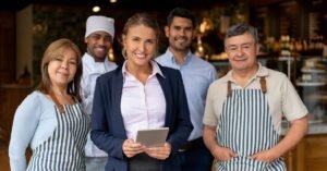 Group of small business owners and staff standing together in a restaurant, with a woman in business attire holding a tablet at the center