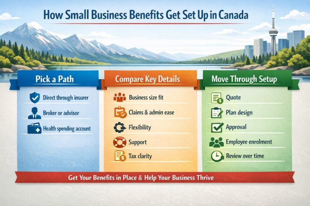 Infographic showing how small business employee benefits are set up in Canada, including choosing a provider, comparing plans, and completing setup