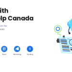 Illustration of HelperX Bot holding business documents beside the text “Learn with Tech Help Canada,” with icons for registration, licences, taxes, marketing, and funding.